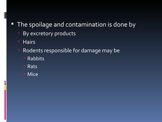  The spoilage and contamination is done by
   By excretory products
   Hairs
   Rodents responsible for damage may be
     Rabbits
     Rats
     Mice
 