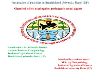 Presentation of pesticides in Bundelkhand University Jhansi (UP)
Chemical which used against pathogenic casual agents
Submitted to – Dr. Shahnashi Hashmi
Assistant Professor Plant pathology
Institute of Agricultural Sciences
Bundelkhand university Jhansi (UP)
Submitted by – Ankush kumar
M.Sc. Ag Plant pathology
Institute of Agricultural Sciences
Bundelkhand university Jhansi (UP)
 
