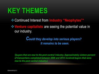 KEY THEMES
Continued Interest from Industry “Neophytes”*

Venture capitalists are seeing the potential value in
our industry.

Could they develop into serious players?
It remains to be seen.
(buyers that are new to the pest control industry. Approximately sixteen percent
of transactions completed between 2009 and 2012 involved buyers that were
new to the pest control industry.)

EMWIIIRPS2013

 