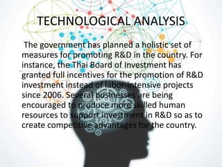 TECHNOLOGICAL ANALYSIS
The government has planned a holistic set of
measures for promoting R&D in the country. For
instance, the Thai Board of Investment has
granted full incentives for the promotion of R&D
investment instead of labor-intensive projects
since 2006. Several businesses are being
encouraged to produce more skilled human
resources to support investment in R&D so as to
create competitive advantages for the country.
 