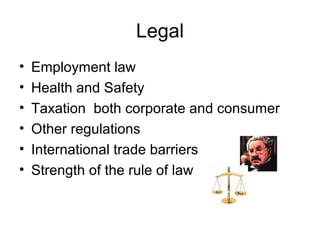Legal
•
•
•
•
•
•

Employment law
Health and Safety
Taxation both corporate and consumer
Other regulations
International trade barriers
Strength of the rule of law

 