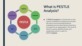 What is PESTLE
Analysis?
■ A PESTLE analysis is a framework or tool
used by marketers to analyze and monitor
the macro-environmental (external
marketing environment) factors that have
an impact on an organization.The result of
which is used to identify threats and
weaknesses which is used in a
SWOT analysis.
 