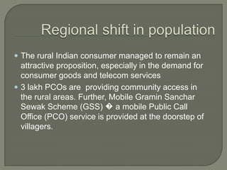  The rural Indian consumer managed to remain an
  attractive proposition, especially in the demand for
  consumer goods and telecom services
 3 lakh PCOs are providing community access in
  the rural areas. Further, Mobile Gramin Sanchar
  Sewak Scheme (GSS) � a mobile Public Call
  Office (PCO) service is provided at the doorstep of
  villagers.
 