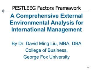 PESTLEEG Factors Framework
A Comprehensive External
Environmental Analysis for
International Management
By Dr. David Ming Liu, MBA, DBA
College of Business,
George Fox University
3–1
 