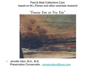 Pest & Mold Collections Care
based on M.L.Florian and other scientists research

“Freeze Em or Fry Em”

• Jennifer Hein, M.A., M.S.
Preservation Conservator, conservatour@msn.com

 