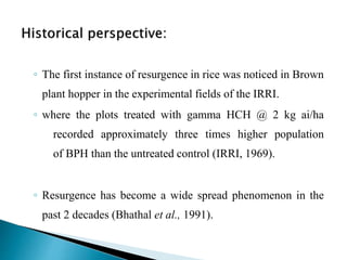 ◦ The first instance of resurgence in rice was noticed in Brown
plant hopper in the experimental fields of the IRRI.
◦ where the plots treated with gamma HCH @ 2 kg ai/ha
recorded approximately three times higher population
of BPH than the untreated control (IRRI, 1969).
◦ Resurgence has become a wide spread phenomenon in the
past 2 decades (Bhathal et al., 1991).
 