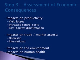  Impacts on productivity:
–Yield losses
–Increased control costs
–Post-harvest disinfestation
 Impacts on trade / market access:
–Domestic
–International
 Impacts on the environment
 Impacts on human health
 