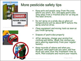 More pesticide safety tips
                                                                                Keep pets and people away from the area
                                                                                 where you store, mix, and apply pesticides.
                                                                                 Stay away from a treated area for as long as
                                                                                 the label directs.

                                                                                Do not spray on a windy day or when air
                                                                                 temperatures will be above 85°F before the
                                                                                 spray solution dries.
                                                                                 Clean equipment and mixing tools as soon as
http://www.gemplers.com/img/pesticide-storage-area-126066.jpg
                                                                          
                                                                                 you finish spraying.

                                                                                Dispose of pesticides properly
                                                                                After spraying, change your protective
                                                                                 clothing and bathe. Wash the clothes you
                                                                                 were wearing separately from your regular
                                                                                 laundry.
                                                                                Keep records of where and when you
                                                                                 sprayed, what pesticide you used, and how
                                                                                 much you used. Give the treatment time to
                                                                                 work, then evaluate and record your results.

                                                                                                                       © Project SOUND
                                                                http://www.ipm.ucdavis.edu/WATER/U/storedispose.html
 
