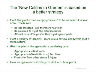 The ‘New California Garden’ is based on
            a better strategy
 Plant the plants that are ‘programmed’ to be successful in your
  area – these will:
    Be less stressed – and therefore healthier
    Be prepared to ‘fight’ the natural enemies
    Attract natural ‘helpers’ in their fight against pests

 Plant a variety of species – more like a natural ecosystem (not a
  monoculture)
 Give the plants the appropriate gardening care:
    Appropriate levels of water
    Appropriate (often little to no) fertilizer
    Protection from other stress & injury

 Have an appropriate strategy to deal with true pests

                                                              © Project SOUND
 