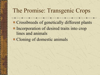 The Promise: Transgenic Crops Crossbreeds of genetically different plants Incorporation of desired traits into crop lines and animals Cloning of domestic animals 