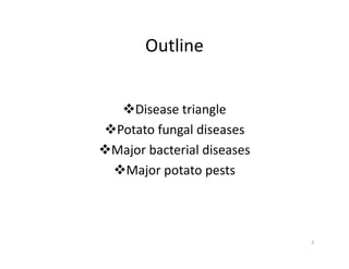 Outline
Disease triangle
Potato fungal diseases
Major bacterial diseases
Major potato pests
2
 