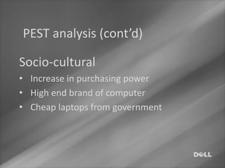 Pest & swot analysis ,buiness & corporate level strategy of dell | PPTX