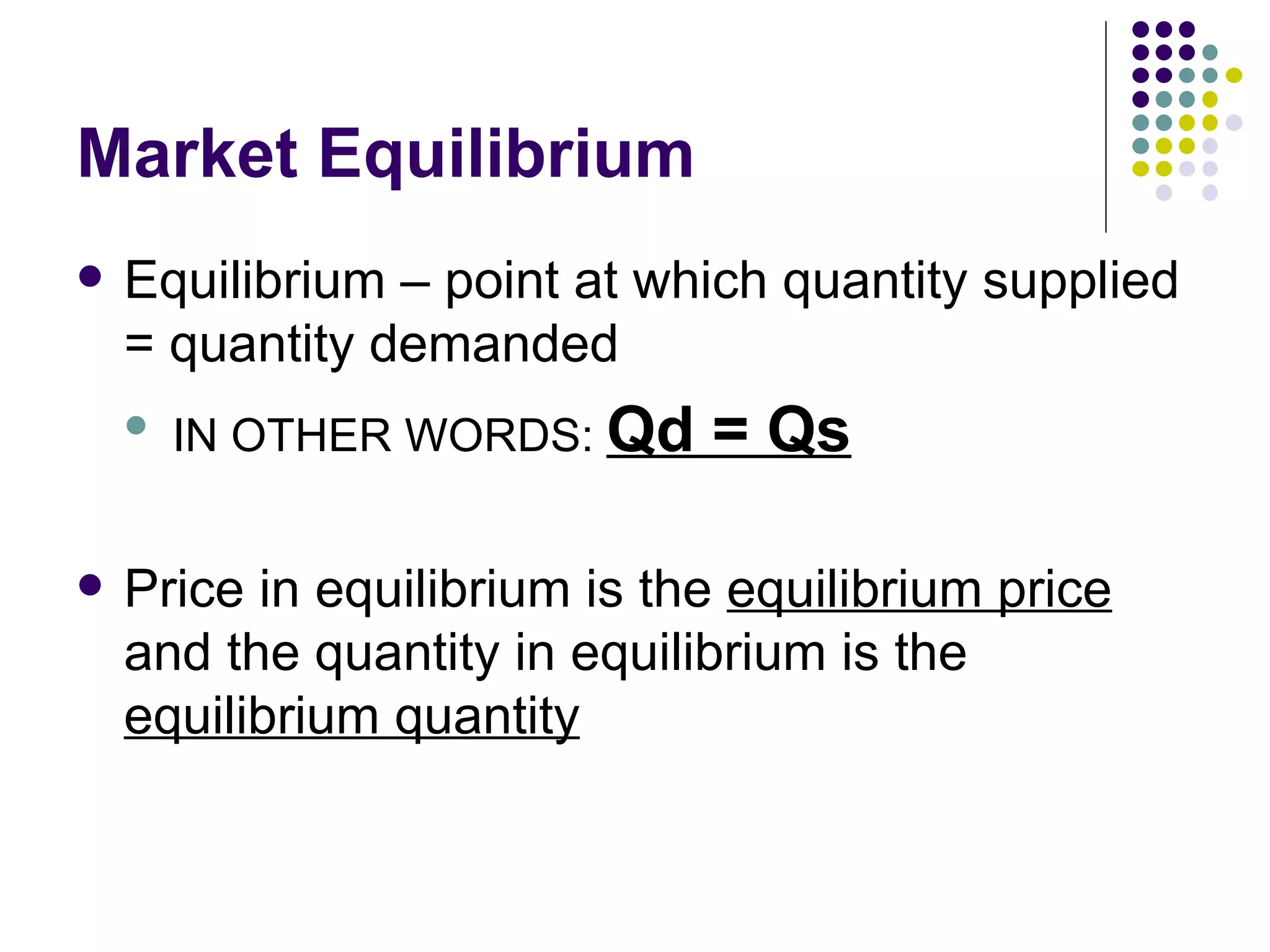 Market Equilibrium Equilibrium – point at which quantity supplied = quantity demanded IN OTHER WORDS:  Qd = Qs Price in equilibrium is the  equilibrium price  and the quantity in equilibrium is the  equilibrium quantity 