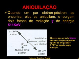 ANIQUILAÇÃO Quando um par elétron-pósitron se encontra, eles se aniquilam, e surgem dois fótons de radiação    de energia  511KeV . Professor  Rodrigo Penna Observe que os dois  fótons saem em direções opostas, a partir da aniquilação. O PET se baseia neste  princípio. 