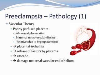 Preeclampsia – Pathology (1)
 Vascular Theory
    Poorly perfused placenta
       Abnormal placentation
       Maternal microvascular disease
       ‘Relative’: due to hyperplacentosis
    placental ischemia
    release of factors by placenta
    cascade
    damage maternal vascular endothelium
 