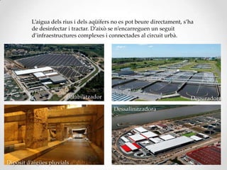 L’aigua dels rius i dels aqüífers no es pot beure directament, s’ha
de desinfectar i tractar. D’això se n’encarreguen un seguit
d’infraestructures complexes i connectades al circuit urbà.
Potabilitzador
a
Dessalinitzadora
Dipòsit d’aigües pluvials
Depuradora
 