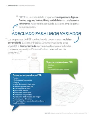 > Lo básico del PET - Adecuado para usos variados
El PET es un material de empaque transparente, ligero,
fuerte, seguro, irrompible y reciclable con una barrera
inherente, haciéndolo adecuado para una amplia gama
de aplicaciones.
Los empaques de PET son hechos de dos maneras: moldeo
por soplado para crear botellas (y otros envases de boca
angosta), o termoformado con láminas (para crear artículos
como empaques tipo Clamshell o los contenedores de
panadería).
ADECUADO PARA USOS VARIADOS
Productos empacados en PET:
ketchup
Tipos de contenedores PET:
MOLDEO POR SOPLADO
TERMOFORMADO
“
“
”
”
NAPCOR - Características, beneﬁcios y otras fuentes de información del PET 2
 