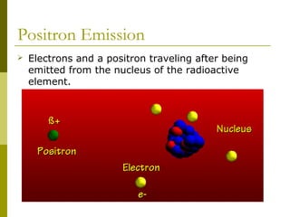 Positron Emission
 Electrons and a positron traveling after being
emitted from the nucleus of the radioactive
element.
 