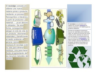 El reciclaje consiste en
obtener una nueva
materia prima o producto,
mediante un proceso
fisicoquímico o mecánico,
a partir de productos y
material�� ya en desuso
o utilizados. De esta
forma, conseguimos
alargar el ciclo de vida de
un producto, ahorrando
materiales y beneficiando
al medio ambiente al
generar menos
residuos.El reciclaje surje
no sólo para eliminar
residuos, sino para hacer
frente al agotamiento de
los recursos naturales del
planeta.
El reciclaje es un proceso cuyo
objetivo es convertir desechos en
nuevos productos o en materia para su
posterior utilización.
Gracias al reciclaje se previene el
desuso de materiales potencialmente
útiles, se reduce el consumo de nueva
materia prima, además de reducir el
uso de energía, la contaminación del
aire (a través de la incineración) y del
agua (a través de los vertederos), así
como también disminuir las emisiones
de gases de efecto invernadero en
comparación con la producción de
plásticos.
 