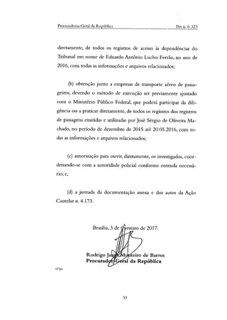 Procuradoria-Geral da Re Iública Pet ii. 6.323
diretamente, de todos os registros de acesso às dependências do
Tribunal em nome de Eduardo Antônio Lucho Ferrão, no ano de
2016, com todas as informações e arquivos relacionados;
obtenção junto a empresas de transporte aéreo de passa-
geiros, devendo o método de execução ser previamente ajustado
com o Ministério Público Federal, que poderá participar da dili-
gência ou a praticar diretamente, de todos os registros dos registros
de passagens emitidas e utilizadas por José Sérgio de Oliveira Ma-
chado, no período de dezembro de 2015 até 20.05.2016, com to-
das as informações e arquivos relacionados;
autorização para ouvir, diretamente, os investigados, coor-
denando-se com a autoridade policial conforme entenda necessá-
rio; e,
a juntada da documentação anexa e dos autos da Ação
Cautelar n. 4.173.
Brasília, 3 de 4 ereiro de 2017.
Rodrigo Ja erteiro de Barros
Procurad ral da República
r3/pjc
53
 