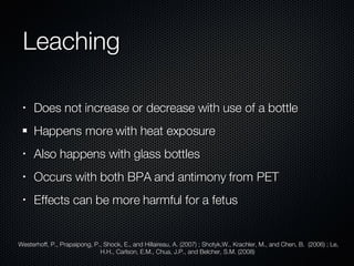 Leaching Does not increase or decrease with use of a bottle Happens more with heat exposure Also happens with glass bottles Occurs with both BPA and antimony from PET Effects can be more harmful for a fetus Westerhoff, P., Prapaipong, P., Shock, E., and Hillaireau, A. (2007) ; Shotyk,W., Krachler, M., and Chen, B.  (2006) ; Le, H.H., Carlson, E.M., Chua, J.P., and Belcher, S.M. (2008)  