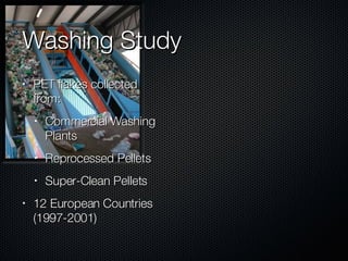 Washing Study PET flakes collected from: Commercial Washing Plants Reprocessed Pellets Super-Clean Pellets 12 European Countries (1997-2001) 
