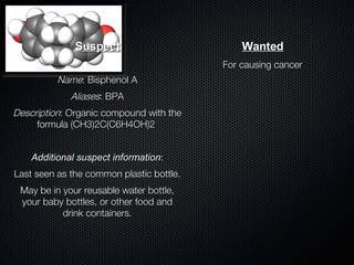 Suspect Name : Bisphenol A Aliases : BPA Description : Organic compound with the formula (CH3)2C(C6H4OH)2  Additional suspect information : Last seen as the common plastic bottle. May be in your reusable water bottle, your baby bottles, or other food and drink containers. Wanted For causing cancer 