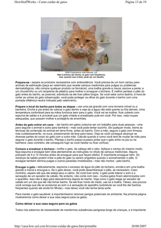 HowStuffWorks - Como cuidar de gatos                                                      Página 13 de 19




                                         2006 Publications International, Ltd.
                                  Não é preciso dar banho no gato com freqüência,
                                   mas, quando isso é feito, pode ser um desafio

Prepare-se - separe os produtos necessários com antecedência. Você precisa de um bom xampu para
animais de estimação (peça ao veterinário que receite xampus medicinais para pulgas ou problemas
dermatológicos, não compre qualquer produto na farmácia); uma toalha grande e macia; escova e pente; e
um chuveirinho ou um recipiente de plástico para molhar e enxaguar o bichano. É melhor pentear o pêlo do
gato antes do banho, se possível, sobretudo se ele tiver pêlos longos. Se você sabe como fazê-lo, é hora de
cortar as unhas do gato (observação: você pode proteger os olhos do gato durante o banho com uma
pomada oftálmica neutra indicada pelo veterinário).

Prepare o local do banho para todas as etapas - use uma pia grande com uma torneira móvel ou a
banheira. Encha a pia antes de colocar o gato dentro e veja se a água não está quente ou fria demais. Uma
temperatura confortável para as mãos funciona bem para o gato. Você vai se molhar, ficar coberto com
espuma de sabão e é provável que um gato irritado e ensaboado pule em você. Por isso, vista roupas
adequadas, que possam molhar e protegê-lo de arranhões.

Antes do gato entrar em cena - dar banho em gatos costuma ser um trabalho para duas pessoas - uma
para segurar o animal e outra para banhá-lo - mas você pode tentar sozinho. De qualquer modo, treine as
técnicas de contenção do animal em terra firme, antes do banho. Com a mão, segure o gato com firmeza,
mas cuidadosamente, na nuca, pressionando de leve para baixo. Veja se você consegue alcançar as
diversas partes do corpo do gato com a outra mão. Calcule quando e como você terá de mudar de mão para
segurar o gato durante o banho. Planeje o banho passo-a-passo antes que o gato entre na pia ou na
banheira; caso contrário, ele conseguirá fugir se você hesitar ou ficar confuso.

Comece a ensaboar o bichano - molhe o gato, da cabeça até o rabo. Aplique o xampu do mesmo modo,
faça espuma e enxágüe bem (leia atentamente as instruções no rótulo de xampus medicinais. Alguns
precisam de 5 a 15 minutos antes de enxaguar para que façam efeito). É importante enxaguar bem. Os
resíduos de sabão podem irritar a pele do gato ou serem engolidos quando o animal lamber o pêlo. O
enxágüe também elimina pulgas e outros parasitas imobilizados - mas não mortos - pelo banho.

Enxugar o gato - delicadamente, esprema o excesso de água do pêlo do bichano, enrole-o em uma toalha
grande e macia e enxugue-o. Se o gato deixar, você pode desembaraçar o pêlo, se necessário. Caso
contrário, espere até que ele esteja seco e calmo. Se você tiver sorte, o gato pode tolerar o som e a
sensação de um secador de cabelo. No entanto, não conte com isso - muitos gatos ficam aterrorizados com
o aparelho. Isso não é algo para descobrirmos depois do banho. Veja como o gato reage ao secador de
cabelo em um dia que ele não tomar banho. Se ele ficar morto de medo, use só a toalha. Talvez, aos poucos,
você consiga que ele se acostume ao som e à sensação do aparelho (sobretudo se você lhe der banhos
freqüentes quando ele ainda for filhote) - mas talvez você não tenha tanta sorte.

Para manter o gato saudável, é importantíssimo remover perigos potenciais do ambiente. Na próxima página,
mostraremos como deixar a sua casa segura para os gatos.

Como deixar a sua casa segura para os gatos

Todos nós sabemos da necessidade de mantermos substâncias perigosas longe de crianças, e é importante




http://casa.hsw.uol.com.br/como-cuidar-de-gatos.htm/printable                                  20/08/2007
 