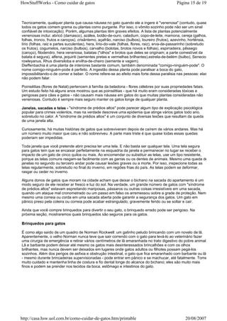 HowStuffWorks - Como cuidar de gatos                                                            Página 15 de 19



Tecnicamente, qualquer planta que causa náusea no gato quando ele a ingere é "venenosa" (contudo, quase
todos os gatos comem grama ou plantas como purgante. Por isso, o vômito sozinho pode não ser um sinal
confiável de intoxicação). Porém, algumas plantas têm graves efeitos. A lista de plantas potencialmente
venenosas inclui: abricó (damasco), azálea, botão-de-ouro, caladium, copo-de-leite, mamona, cereja (galhos,
folhas, tronco, frutos e caroços), crisântemo, açafrão, narciso (bulbos), loureiro (frutos), azevinho, hortênsia,
lírio (folhas, raiz e partes suculentas), hera, lírio-do-vale (folhas, flores, raiz), erva-de-passarinho (sobretudo
os frutos), cogumelos, narciso (bulbos), carvalho (bolotas, brotos novos e folhas), espirradeira, pêssego
(caroço), filodendro, hera venenosa, batatas ("olhos" e brotos que deles se originam; a parte comestível da
batata é segura), alfena, jequiriti (sementes pretas e vermelhas brilhantes),estrela-de-belém (bulbo), Senecio
rowleyanus, Rhus diversiloba e ervilha-de-cheiro (semente e vagem).
Dieffenbachia é uma planta de interiores bastante comum, também denominada "comigo-ninguém-pode". O
nome comigo-ninguém-pode é perfeito. A ingestão dessa planta pode paralisar a boca do gato,
impossibilitando-o de comer e beber. O nome refere-se ao efeito mais forte dessa paralisia nas pessoas: elas
não podem falar.

Poinséttias (flores de Natal) pertencem à família da beladona - flores célebres por suas propriedades fatais.
Um estudo feito há alguns anos mostrou que as poinséttias - que há muito eram consideradas tóxicas e
perigosas para cães e gatos - não causam mais náusea em gatos do que muitas plantas consideradas não
venenosas. Contudo é sempre mais seguro manter os gatos longe de qualquer planta.

Janelas, sacadas e telas - "síndrome de prédios altos" pode parecer algum tipo de explicação psicológica
popular para crimes violentos, mas na verdade descreve uma epidemia que atinge vários gatos todo ano,
sobretudo no calor. A "síndrome de prédios altos" é um conjunto de diversas lesões que resultam da queda
de uma janela alta.

Curiosamente, há muitas histórias de gatos que sobreviveram depois de caírem de vários andares. Mas há
um número muito maior que caiu e não sobreviveu. A parte mais triste é que quase todas essas quedas
poderiam ser impedidas.

Toda janela que você pretende abrir precisa ter uma tela. E não basta ser qualquer tela. Uma tela segura
para gatos tem que se encaixar perfeitamente na esquadria da janela e permanecer no lugar se receber o
impacto de um gato de cinco quilos ou mais. Ao encomendar ou substituir as telas, use um tipo resistente,
porque as telas comuns rasgam-se facilmente com as garras ou os dentes de animais. Mesmo uma queda de
janelas no segundo ou terceiro andar pode causar lesões graves ou a morte. Por isso, inspecione todas as
telas regularmente, sobretudo no final do inverno, em regiões frias do país. As telas podem se deformar,
rasgar ou ceder no inverno.

Alguns donos de gatos que moram na cidade acham que deixar o bichano na sacada do apartamento é um
modo seguro de ele receber ar fresco e luz do sol. Na verdade, um grande número de gatos com "síndrome
de prédios altos" estavam espreitando mariposas, pássaros ou outras coisas irresistíveis em uma sacada,
quando um ataque mal cronometrado ou um passo em falso os arremessou sobre a grade de proteção. Nem
mesmo uma correia ou corda em uma sacada aberta pode garantir a segurança dos gatos. Um gato em
pânico preso pela coleira ou correia pode acabar estrangulado, gravemente ferido ou se soltar e cair.

Ainda que você compre brinquedos para divertir o seu gato, o brinquedo errado pode ser perigoso. Na
próxima seção, mostraremos quais brinquedos são seguros para os gatos.

Brinquedos para gatos

É como algo saído de um quadro de Norman Rockwell: um gatinho peludo brincando com um novelo de lã.
Aparentemente, o velho Norman nunca teve que sair correndo com o gato para levá-lo ao veterinário fazer
uma cirurgia de emergência e retirar vários centímetros de lã emaranhada no trato digestivo do pobre animal.
Lã e barbante podem deixar até mesmo os gatos mais desinteressados brincalhões e com os olhos
brilhantes, mas nunca devem ser deixados em lugares onde gatos adultos ou filhotes possam pegá-los
sozinhos. Além dos perigos de asfixia e obstrução intestinal, o gato que fica emaranhado com barbante ou lã
- mesmo durante brincadeiras supervisionadas - pode entrar em pânico e se machucar, até fatalmente. Tome
muito cuidado e mantenha linha de costura e fio dental longe do alcance do bichano; eles são muito mais
finos e podem se prender nos tecidos da boca, estômago e intestinos do gato.




http://casa.hsw.uol.com.br/como-cuidar-de-gatos.htm/printable                                        20/08/2007
 