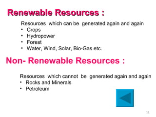 Renewable Resources : Resources  which can be  generated again and again Crops Hydropower Forest Water, Wind, Solar, Bio-Gas etc. Resources  which cannot  be  generated again and again Rocks and Minerals Petroleum Non- Renewable Resources : 