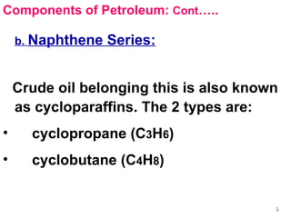 Components of Petroleum:  Cont ….. b.  Naphthene Series: Crude oil belonging this is also known as cycloparaffins. The 2 types are: cyclopropane (C 3 H 6 ) cyclobutane (C 4 H 8 ) 