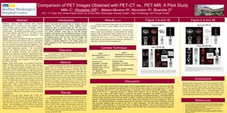 Comparison of PET Images Obtained with PET-CT vs.. PET-MR: A Pilot Study
                                                                                              Millo C , Khorjekar GR , Maass-Moreno R , Neumann R , Bluemke D
                                                                                                                1                                    2                                                 3                         3                             3
                                                               PET / CT Dept, NIH Clinical Center1(NIH), Div of Nucl Med, Washington Hospital Center2 , Dept of Radiology, NIH Clinical Center3


                      Abstract                                                           Introduction                                                            Results cont’d                                           Figure 1 A and 1B                                                Figure 2 A and 2B
Objective: Hybrid positron emission and computed                    PET-CT has been used for number of reasons, such as                            Artifacts causing poor image quality were observed in two
tomography (PET-CT) scanners are widely available. A new            diagnosis of various cancers, cancer staging, cancer                   PET-MR studies due to urinary bladder activity and metallic
hybrid modality, positron emission tomography magnetic              recurrence, fever of unknown origin etc. PET can be co-                implants.
resonance (PET-MR), became recently available in few                registered with diagnostic CT and/or MR for characterization                    The biodistribution was identical in 11 paired studies,
medical centers. The objective of this pilot study is to compare    of a lesion. However, there was no PET-MR scanner                      while 5 studies showed difference in biodistribution for example
PET images obtained using PET-CT vs.. PET-MR for lesion             available until recently, and the National Institutes of Health        changes in the GI distribution urinary bladder activity etc. The
detection, artifacts, altered biological distribution,       and    installed a PET-MR scanner, which recently started enrolling           individual SUVs for PET-CT vs.. PET-MR were 23.0 vs.. 21.0 for
standard uptake values (SUV’s).                                     the patients where both the PET and MR images are                      average max SUV, and 2.7-121.0 vs.. 2.7-90.7 for max SUV
Method: A prospective IRB-approved study was conducted at           acquired simultaneously. As a new type of scanner, it is               range, tentatively these differences are attributed to differences in
NIH for patients who were referred for PET-CT scan and also         prudent to evaluate difference in the image quality and                attenuation correction methods and uptake time.
gave informed consent to be further imaged by PET-MR, if            lesion detection on PET when performed with PET-CT vs.
this was considered of potential diagnostic significance. PET-      PET-MR.
MR was performed within 90 minutes after PET-CT, using the
same initial radioisotope injection.        The reconstruction                                                                                             Camera Technique
technique was different between the two scanners (post-
filtering and resolution recovery), but consistent. SUV
                                                                                           Objective
                                                                                                                                                      Table I                              Table II
calculation was identical in all patients. Administered activity         To compare PET images obtained using PET-CT vs.. PET-
                                                                                                                                            Specifications for PET-CT            Specifications for PET-MR                                Coronal              Coronal
was 9.4 mCi to 16.2 mCi for 18F-fluorodeoxyglucose (18F-            MR for lesion detection, artifacts, altered biological distribution,
                                                                                                                                                    Acquisition                  Acquisition and Processing
FDG) and 12.3 mCi for 18F-DOPA. Three physicians evaluated          and standard uptake values (SUV’s).
all images with side-by-side comparison of PET images from
PET-CT vs.. PET-MR.                                                                                                                                                           Siemens mMR
Results: Fifteen paired studies were performed following a                                   Method                                          Siemens mCT
                                                                                                                                             Acquisition: 3 min/bed           Acquisition: 5 min/bed
single (18F-FDG) administration with one patient having a                                                                                    Reconstruction: High             Reconstruction: iterative (3/24)
                                                                         A prospective IRB-approved study was conducted at NIH for
follow up study (Total number of patients were 14). One                                                                                      Definition PSF, 2.65 mm          MR: 3T
                                                                    patients who were referred for PET-CT scan and also gave
patient had 18F-DOPA administration. Total number of lesions                                                                                 isotropic pixels                 Acquisition: 3D Dixon images,
                                                                    informed consent to be further imaged by PET-MR, if this was
identified on PET-CT and PET-MR were >80 (one patient had                                                                                    CT: 120keV, 56mAs,               axial STIR, SSSFE
                                                                    considered of potential diagnostic significance. PET-MR was
innumerable lesions, all seen on both of the modalities), and all                                                                            reconstruction: FBP
                                                                    performed within 90 minutes after PET-CT, using the same
sites were identical, with the exception of the 18F-DOPA study      initial radioisotope injection. The reconstruction technique was
in which lesions seen on the PET-CT were not seen on the            different between the two scanners (post-filtering and resolution
PET-MR. Artifacts causing poor image quality were observed
in two PET-MR studies due to urinary bladder activity and
                                                                    recovery) (Table 1 and 2), but consistent. SUV calculation was                                                                                                                                                                  Conclusions
metallic implants. The biodistribution was identical in 11
                                                                    identical in all patients. Administered activity was 9.4 mCi to
                                                                    16.2 mCi for 18F-fluorodeoxyglucose (18F-FDG) and 12.3 mCi for
                                                                                                                                                                                                  Discussion                                                             This pilot study indicates that 18F-FDG PET performed on PET-
paired studies, while 5 studies showed some difference in           18
                                                                      F-DOPA. Three physicians evaluated all images with side-by-                                                                                                                                        MR detected same number of lesions as PET performed on PET-
biodistribution. The individual SUVs for PET-CT vs.. PET-                                                                                           Our initial data showed good image quality of PET images obtained with PET-CT as well as with PET-MR.
                                                                    side comparison of PET images from PET-CT vs.. PET-MR.                                                                                                                                               CT. Overall PET-MR image quality was good except in few
MR were 23.0 vs.. 21.0 for average max SUV, and 2.7-121.0                                                                                    The sensitivity of lesion detection was preserved for PET-MR as the same number of lesions were seen on PET-MR
vs.. 2.7-90.7 for max SUV range, tentatively these differences                                                                                                                                                                                                           patients with reduced quality of PET from PET-MR secondary to
                                                                                                                                             when compared with PET-CT. Given the preservation of sensitivity, when performing PET/MR without a need to                  metallic and urinary bladder artifacts. The biodistribution of the
are attributed to differences in attenuation correction methods
and uptake time.                                                                              Results                                        perform the PET-CT, a significant reduction in radiation dose exposure may be achieved, addressing a major
                                                                                                                                             concern in the current public health arena. In particular, the pediatric population may benefit from this modality.
                                                                                                                                                                                                                                                                         18
                                                                                                                                                                                                                                                                           F-FDG was similar, with the exception of the 18F-DOPA study
                                                                                                                                                                                                                                                                         which demonstrated differences possibly due to lesion biology.
Conclusion: This pilot study indicates that 18F-FDG PET                                                                                      However, as with any new technology, PET/MR poses new challenges and potential limitations. A PET/MR machine
performed on PET-MR detected same number of lesions as                       Fifteen paired studies were performed following a single        involves a high equipment cost that not all facilities can afford. Expertise in operating both the PET and MR gantry is
PET performed on PET-CT. Overall PET-MR image quality                (18F-FDG) administration with one patient having a follow up            required. Particularly appropriate indications that would benefit from evaluation by this new modality are still to be
was good except in few patients with reduced quality of PET          study. The total number of patients was 14. One patient had 18F-        defined. The added MR strength in evaluating head and neck structures, liver lesions and pelvic pathology combined                                      References
from PET-MR secondary to metallic and urinary bladder                DOPA administration. Total number of lesions identified on              with functional metabolic data provided by the PET is highly informative. The MR limited performance in the                 1.   Eiber M, Martinez-Möller A, Souvatzoglou M, Holzapfel K, Pickhard A, Löffelbein D, Santi I,
artifacts. The biodistribution of the 18F-FDG was similar with       PET-CT and PET-MR ( Figure 1A,B and Figure 2A,B) was > 80               assessment of lung pathology is, on the other hand, a limitation. MR artifacts, more so encountered with the fast                Rummeny EJ, Ziegler S, Schwaiger M, Nekolla SG, Beer AJ. Value of a Dixon-based MR/PET
the exception of the 18F-DOPA study, which demonstrated              (one patient had innumerable lesions, all seen on both the              acquisition sequences that may be preferentially used for the PET/MR due to scanning time constraints related to
                                                                                                                                                                                                                                                                              attenuation correction sequence for the localization and evaluation of PET-positive lesions.
                                                                                                                                                                                                                                                                              Eur J Nucl Med Mol Imaging 2011;38(9):1691-701.
differences possibly due to lesion biology.                          modalities), and all sites were identical, with the exception of        patient’s comfort, may also be a challenge.
                                                                                                                                                                                                                                                                         2.   N. F. Schwenzer, H. Schmidt and C. D. Claussen. Whole-body MR/PET: applications in
                                                                                                                                                                                                                                                                              abdominal imaging. Abdominal Imaging 2011; 37 (1): 20-28.
                                                                     the 18F-DOPA study in which lesions seen on the PET-CT were                                                                                                                                         3.   Delso G, Fürst S, Jakoby B, Ladebeck R, Ganter C, Nekolla SG, Schwaiger M, Ziegler SI.
                                                                     not seen on the PET-MR.                                                                                                                                                                                  Performance Measurements of the Siemens mMR Integrated Whole-Body PET/MR Scanner. J
                                                                                                                                                                                                                                                                              Nuc Med 2011; 52:1-9
 