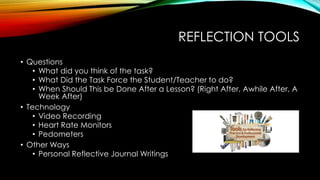 REFLECTION TOOLS
• Questions
• What did you think of the task?
• What Did the Task Force the Student/Teacher to do?
• When Should This be Done After a Lesson? (Right After, Awhile After, A
Week After)
• Technology
• Video Recording
• Heart Rate Monitors
• Pedometers
• Other Ways
• Personal Reflective Journal Writings
 