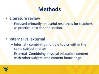 Methods 
• Literature review 
– Focused primarily on useful resources for teachers 
as practical text for application. 
• Internal vs. external 
– Internal - combining multiple topics within the 
same subject matter 
– External- Combining physical education content 
with other subject area content knowledge. 
 