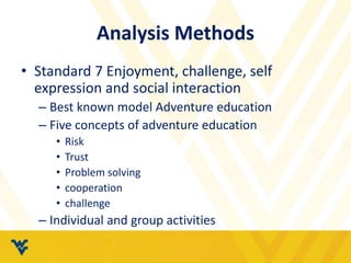 Analysis Methods 
• Standard 7 Enjoyment, challenge, self 
expression and social interaction 
– Best known model Adventure education 
– Five concepts of adventure education 
• Risk 
• Trust 
• Problem solving 
• cooperation 
• challenge 
– Individual and group activities 
 