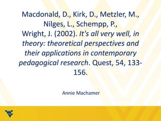 Macdonald, D., Kirk, D., Metzler, M., 
Nilges, L., Schempp, P., 
Wright, J. (2002). It's all very well, in 
theory: theoretical perspectives and 
their applications in contemporary 
pedagogical research. Quest, 54, 133- 
156. 
Annie Machamer 
 