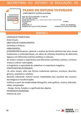 10 2008
SECRETARIA DO ESTADO DE EDUCAÇÃO DE
2008
COMPONENTE CURRICULAR:Arte
ANO DE ESCOLARIDADE: 8º ANO EF
PET VOLUME: 02/2021
NOME DA ESCOLA: E.E. ARISTIDES JOSÉ TOLENTINO
ESTUDANTE: TURNO:
TURMA:
BIMESTRE: 2º TOTAL DE SEMANAS:
NÚMERO DE AULAS POR SEMANA: NÚMERO DE AULAS POR MÊS:
UNIDADE(S)TEMÁTICA(S):
Artes Visuais.
OBJETO(S) DE CONHECIMENTO:
Contextos e Práticas.
HABILIDADE(S):
SEMANA 1
(EF69AR01P8) Pesquisar, apreciar e analisar de formas distintas das artes visuais
tradicionais e contemporâneas, em obras de artísticas brasileiros de diferentes
épocas e em diferentes matrizes estéticas e culturais,
de modo a ampliar a experiência com diferentes contextos e prática
2 0 0 8
s artístico-
visuais e cultivar a percepção,
o imaginário, a capacidade de simbolizar e o repertório imagético.
CONTEÚDOS RELACIONADOS:
-As artes visuais, além das formas tradicionais (pintura, escultura, desenho,
gravura, arquitetura, artefato,
desenho industrial), incluem outras modalidades que resultam dos avanços
tecnológicos e transformações
estéticas a partir da modernidade (fotografia, artes gráficas, cinema, televisão,
vídeo, computação.
- Design, forma, função e o significado dos objetos.
INTERDISCIPLINARIDADE:
História da arte
 