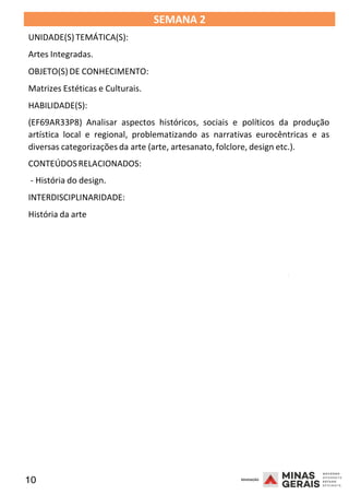 10 2008
SEMANA 2
UNIDADE(S)TEMÁTICA(S):
Artes Integradas.
OBJETO(S) DE CONHECIMENTO:
Matrizes Estéticas e Culturais.
HABILIDADE(S):
(EF69AR33P8) Analisar aspectos históricos, sociais e políticos da produção
artística local e regional, problematizando as narrativas eurocêntricas e as
diversas categorizações da arte (arte, artesanato, folclore, design etc.).
CONTEÚDOSRELACIONADOS:
- História do design.
INTERDISCIPLINARIDADE:
História da arte
2008
2008
 