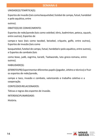 14 2008
SEMANA 6
UNIDADE(S)TEMÁTICA(S):
Esportes de invasão (tais como basquetebol,futebol de campo, futsal, handebol
e polo aquático, entre
outros).
OBJETO(S) DE CONHECIMENTO:
Esportes de rede/parede (tais como voleibol, tênis, badminton, peteca, squash,
entre outros), Esportes de
campo e taco (tais como tacobol, beisebol, críquete, golfe, entre outros),
Esportes de invasão (tais como
basquetebol, futebol de campo, futsal, handebol e polo aquático, entre outros),
e Esportes de combate (tais
como boxe, judô, esgrima, karatê, Taekwondo, luta greco-romana, entre
outros).
HABILIDADE(S):
(EF89EF01P8)Experimentardiferentes papéis (jogador, árbitro e técnico) e fruir
os esportes de rede/parede,
2008
campo e taco, invasão e combate, valorizando o trabalho coletivo e a
cooperação.
CONTEÚDOSRELACIONADOS:
Táticas e regras dos esportes de invasão.
INTERDISCIPLINARIDADE:
História.
2008
 