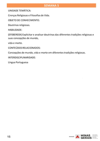 15 2008
SEMANA 5
UNIDADE TEMÁTICA:
Crenças Religiosas e Filosofias de Vida.
OBJETO DE CONHECIMENTO:
Doutrinas religiosas.
HABILIDADE:
(EF08ER03X) Explicitar e analisar doutrinas das diferentes tradições religiosas e
suas concepções de mundo,
vida e morte.
CONTEÚDOS RELACIONADOS:
Concepções de mundo, vida e morte em diferentes tradições religiosas.
INTERDISCIPLINARIDADE:
Língua Portuguesa
2008
2008
 