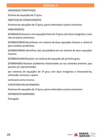 29 2008
SEMANA 4
UNIDADE(S)TEMÁTICA(S):
Sistema de equações de 1º grau.
OBJETO(S) DE CONHECIMENTO:
Sistemas de equações de 1º grau, pares ordenados e plano cartesiano.
HABILIDADE(S):
(EF08MA07)Associar uma equação linear de 1º grau com duas incógnitas a uma
reta no plano cartesiano.
(EF08MA29MG) Reconhecer um sistema de duas equações lineares e utilizá-lo
para modelar problemas.
(EF08MA30MG) Identificar a(s) solução(ões) de um sistema de duas equações
lineares.
(EF08MA31MG)Resolver um sistema de equações de primeiro grau.
(EF08MA08A) Resolver problemas relacionados ao seu contexto próximo, que
possam ser representados
por sistemas de equações de 1º grau com duas incógnitas e interpretá-los,
utilizando, inclusive, o plano
2008
cartesiano como recurso.
CONTEÚDOS RELACIONADOS:
2008
Sistemas de equações de 1º grau, pares ordenados e plano cartesiano.
INTERDISCIPLINARIDADE:
Português
 