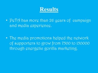 ResultsPeTA has more than 26 years of  campaign and media experience.The media promotions helped the network of supporters to grow from 7500 to 150000 through energetic gorilla marketing.