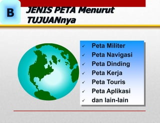  Peta Militer
 Peta Navigasi
 Peta Dinding
 Peta Kerja
 Peta Touris
 Peta Aplikasi
 dan lain-lain
JENIS PETA Menurut
TUJUANnya
B
 