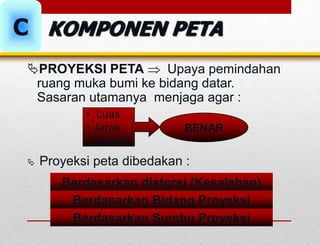 PROYEKSI PETA  Upaya pemindahan
ruang muka bumi ke bidang datar.
Sasaran utamanya menjaga agar :
BENAR
• Luas
• Jarak
• Bentuk
 Proyeksi peta dibedakan :
Berdasarkan distorsi (Kesalahan)
Berdasarkan Bidang Proyeksi
Berdasarkan Sumbu Proyeksi
C KOMPONEN PETA
 