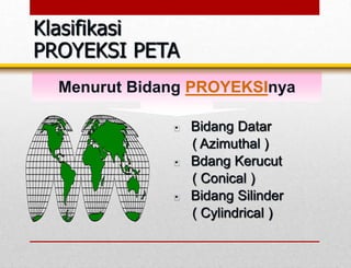 Menurut Bidang PROYEKSInya
• Bidang Datar
( Azimuthal )
• Bdang Kerucut
( Conical )
• Bidang Silinder
( Cylindrical )
Klasifikasi
PROYEKSI PETA
 