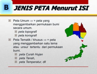  Peta Umum  = peta yang
menggambarkan permukaan bumi
secara umum.
 peta topografi
 peta korografi
 Peta Tematik / khusus  = peta
yang menggambarkan satu tema
atau unsur tertentu dari permukaan
bumi.
 peta Curah Hujan
 peta Tanah,
 peta Temperatur, dll
JENIS PETA Menurut ISI
B
 