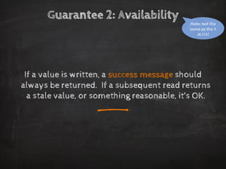 Guarantee 2: Availability 
If a value is written, a success message should always be returned. If a subsequent read returns a stale value, or something reasonable, it’s OK. 
_ 
Note: not the same as the A in HA!  