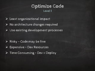 Optimize CodeLevel 1 
Least organizational impact 
No architecture changes required 
Use existing development processes 
Risky –Code may be fine 
Expensive –Dev Resources 
Time Consuming –Dev + Deploy  