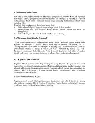 a. Pelaksanaan Shalat Jumat.
Dari tabel di atas, terlihat bahwa dari 158 masjid yang ada di Kabupaten Karo, ada sebanyak
113 masjid ( 71.5%) yang melaksanakan shalat jumat, dan sebanyak 45 masjid ( 28.5%) tidak
melaksanakan shalat jumat termasuk masjid yang terkadang melaksanakan shalat Jumat
terkadang tidak.
Penyebab tidak terlaksananya shalat jumat anatar lain :
1.
Tidak ada mubaligh/da’i yang bertugas sebagai khatib di desa tersebut.
2.
Mubaligh/da’i dari desa tersebut keluar karena sesuatu urusan dan tidak ada
penggantinya.
3.
Tidak adanya jamaah ( Jamaah masih berada di sawah/ladang )
b. Pelaksanaan Shalat Fardhu Berjamaah
Secara umum,masjid-masjid melaksanakan shalat fardhu berjamaah untuk waktu shalat
Maghrib ada sebanyak 132 masjid ( 83.5% ) dan Isya ada sebanyak 121 masjid. ( 77.2 %)
.Sedangkan untuk shalat subuh ada sebanyak 79 masjid ( 50%) , Pelaksanaan shalat Zuhur ada
dilaksanakan sebanyak 54 masjid ( 34.2 %),dan Asar sebanyak 53 masjid ( 33.5 %) .
Rendahnya pelaksanaan shalat Zuhur dan Ashar di masjid disebabkan oleh faktor keberadaan
jamaah pada waktu yang sama masih berada di ladang . Rata-rata jamaah adalah petani.
C.

Kegiatan Dakwah Jamaah

Kegiatan dakwah jamaah adalah kegiatan-kegiatan yang dibentuk oleh jamaah desa untuk
memberikan pembinaan kepada jamaahnya. Misalnya, ada tidaknya perwiridan/pengajian yang
dibentuk oleh ummat di desa masing-masing. Kegiatan dakwah jamaah juga mencakup ada
tidaknya P2A ( Pembina Penyuluh Agama Islam, mubaligh/da’i, atau pembinaan
ormas/lembaga dakwah Islam .
1. Ustad/Pembina Jamaah di Desa
Kegiatan dakwah jamaah diberbagai kecamatan dapat dilihat pada tabel di bawah ini tentang
ada tidaknya perangkat P2A ( Pembina Penyuluhan Agama Islam, mubaligh/da’i maupun
pembinaan ormas / lembaga Islam/da’i dari luar desa

 