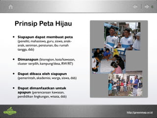 Prinsip Peta Hijau 
• Siapapun dapat membuat peta 
(peneliti, mahasiswa, guru, siswa, anak-anak, 
seniman, pensiunan, ibu rumah 
tangga, dsb) 
• Dimanapun (bioregion, kota/kawasan, 
cluster terpilih, kampung/desa, RW/RT) 
• Dapat dibaca oleh siapapun 
(pemerintah, akademisi, warga, siswa, dsb) 
• Dapat dimanfaatkan untuk 
apapun (perencanaan kawasan, 
pendidikan lingkungan, wisata, dsb) 
6 
http://greenmap.or.id 
 